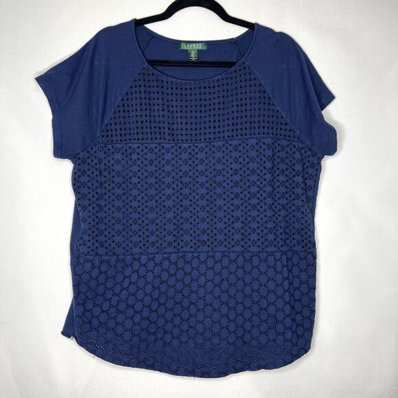 Plus Sized LAUREN RALPH LAUREN Navy Eyelet Short Sleeve Shirt Size - Picture 1 of 8